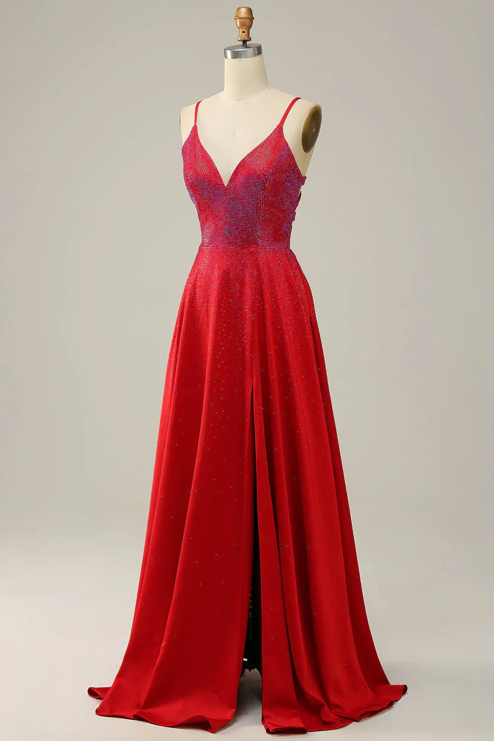 A Line Red Thin Shoulder Strap Beaded Long Prom Dress