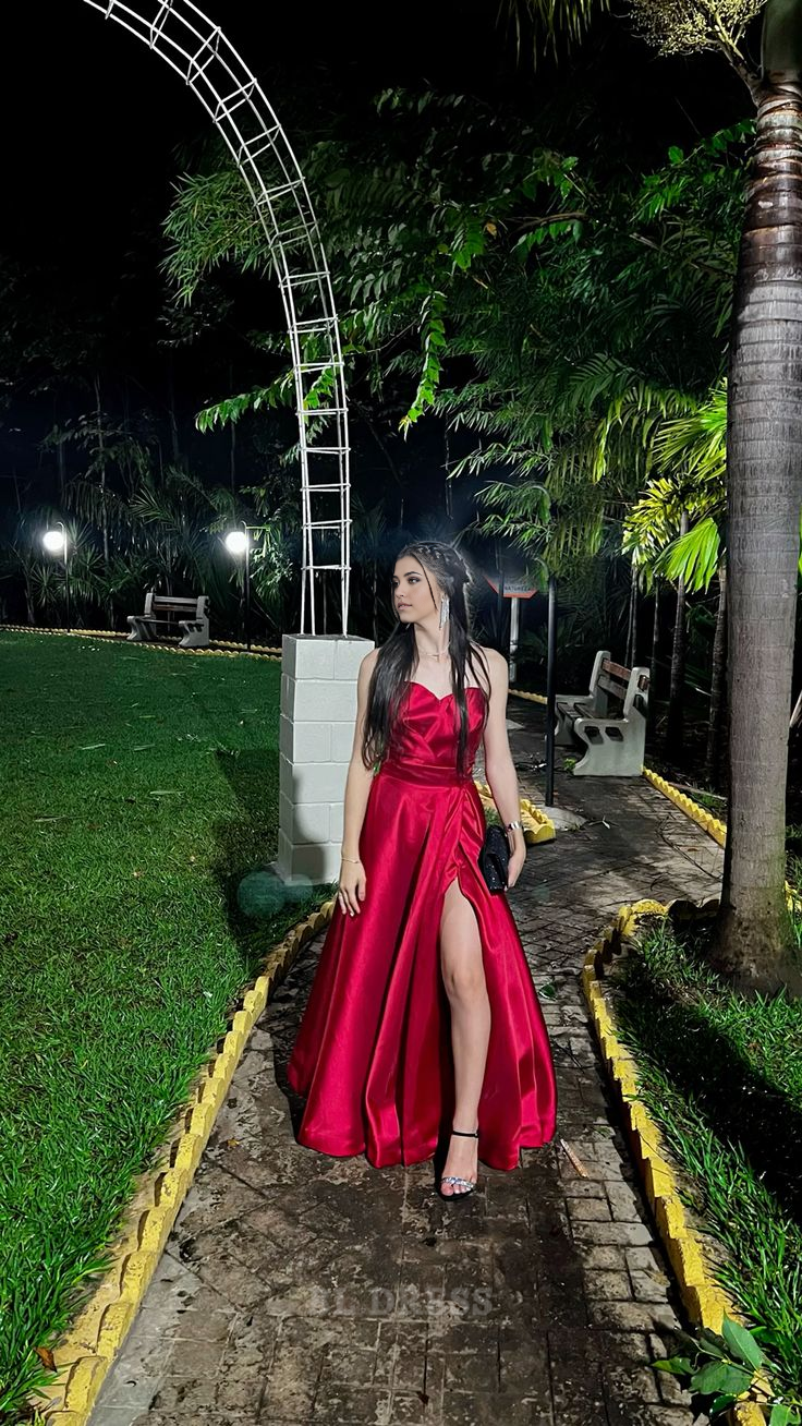 A Line Sweetheart Red Satin Long Slit formal dresses Bridesmaid Dresses evening gown Prom Dress