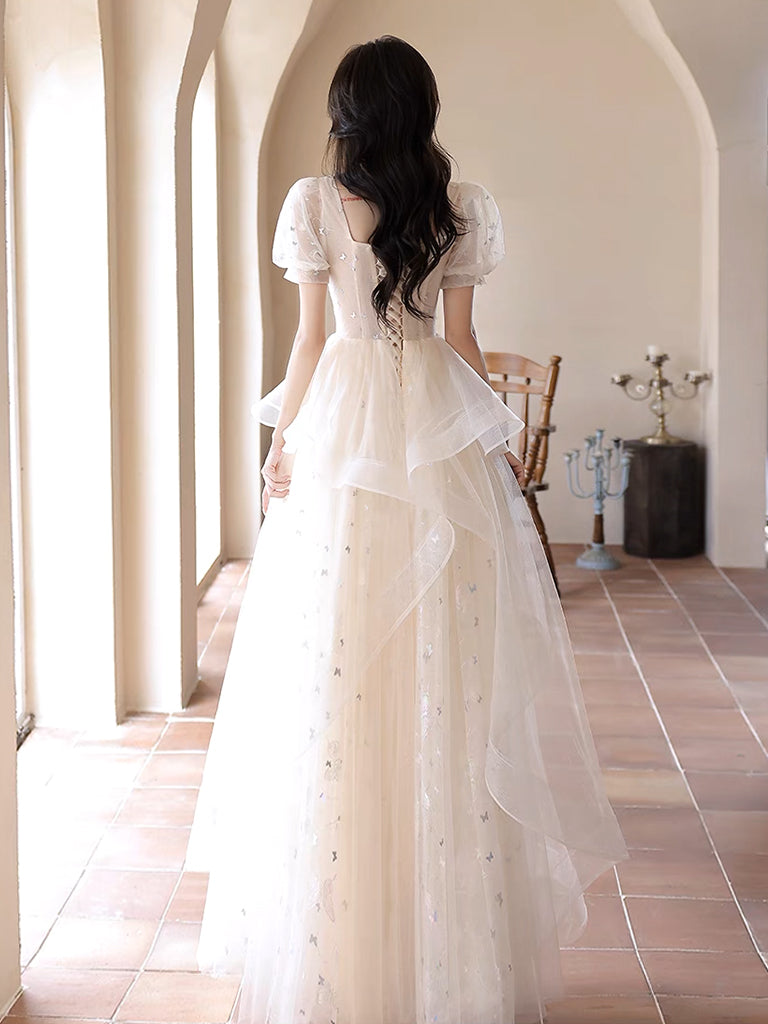 A-Line Light Champagne Tulle Lace Long Prom Dress, Light Champagne Long Evening Dress