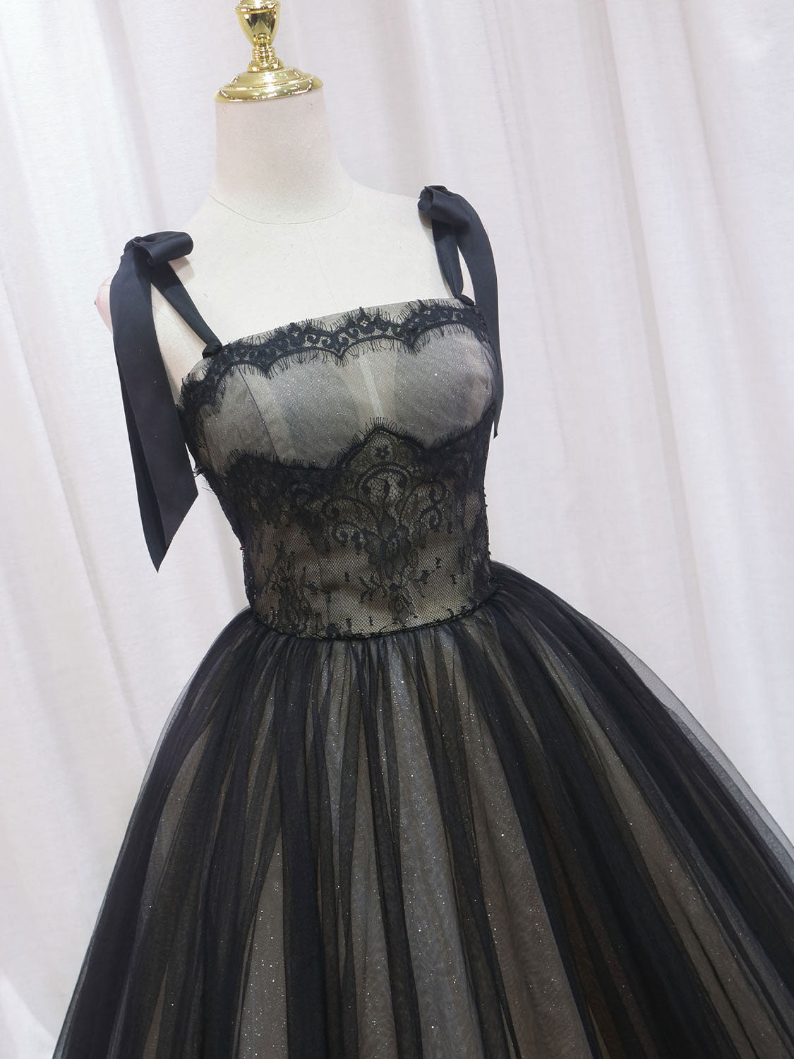 A-Line Black Tulle Lace Long Prom Dresses, Black Long Evening Dresses