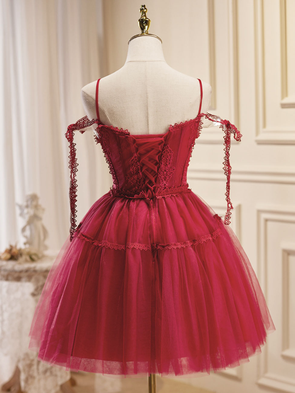 A-Line Burgundy Tulle Lace Short Prom Dresses, Burgundy Homecoming Dresses