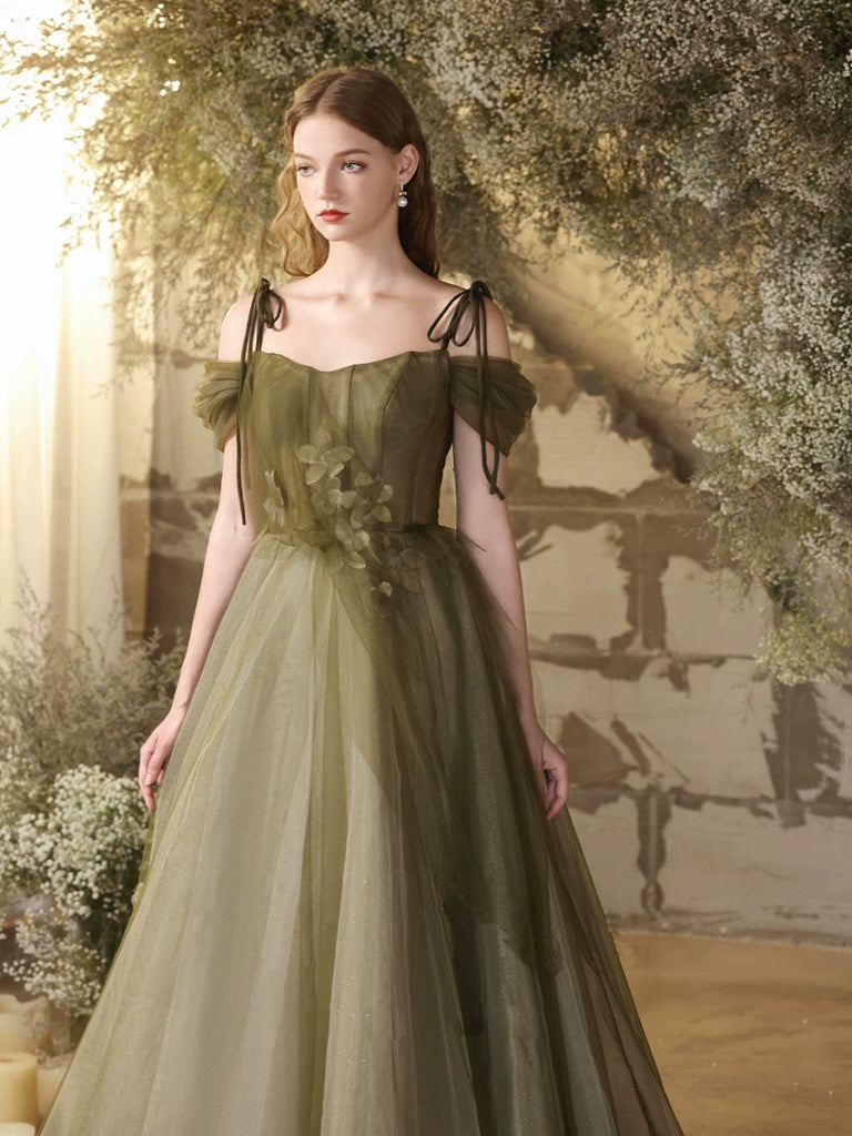 A- Line Off Shoulder Green Tulle Long Prom Dress, Green Formal Dress
