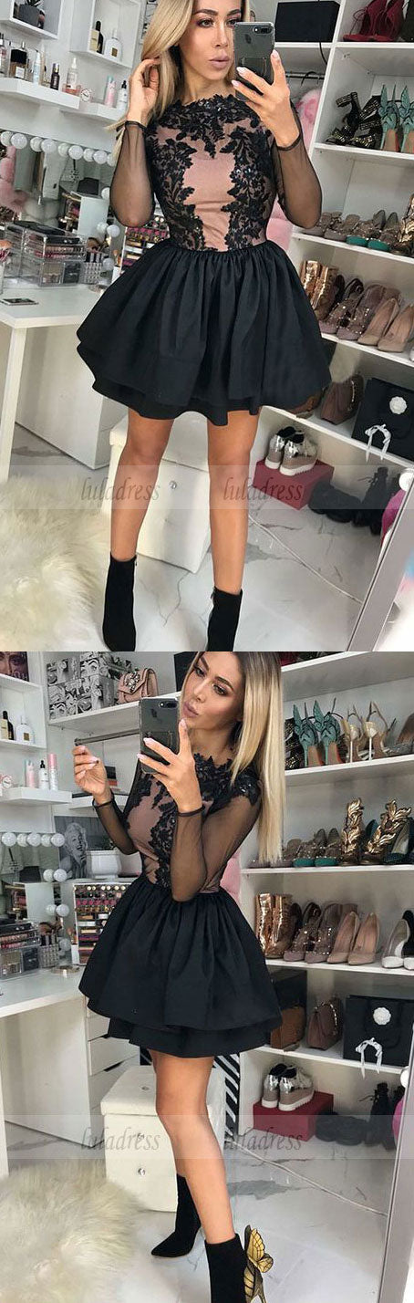 A-Line Crew Long Sleeves Short Black Tiered Homecoming Dress with Appliques