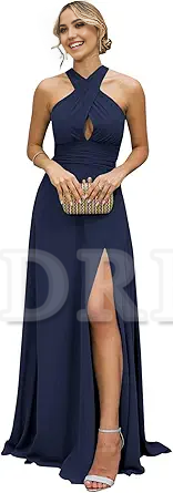 A Line Halter Chiffon formal dresses Bridesmaid Dresses evening gown Prom Dress with Slit