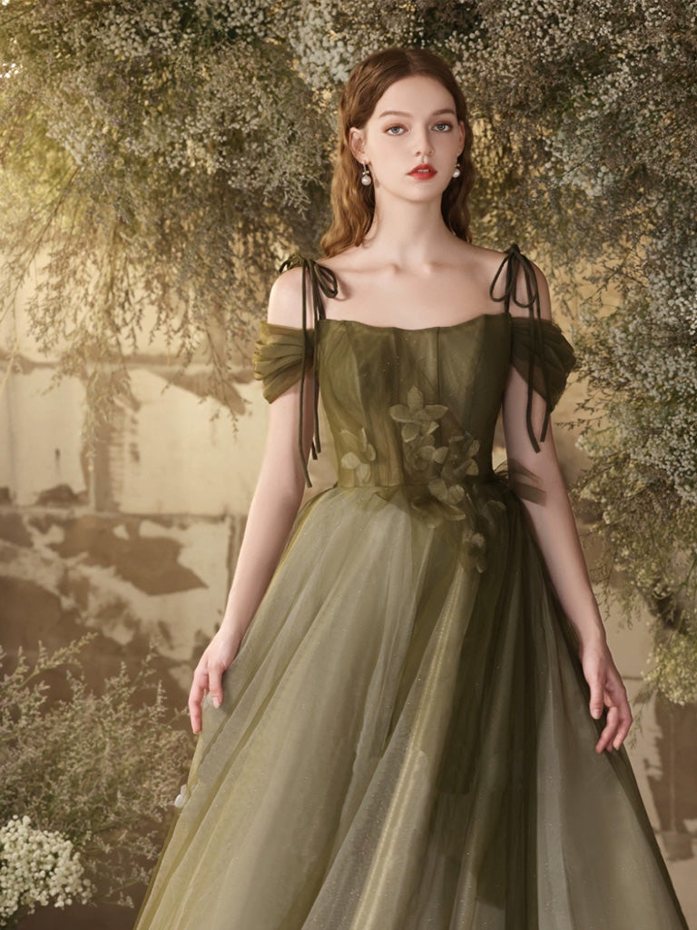 A- Line Off Shoulder Green Tulle Long Prom Dress, Green Formal Dress