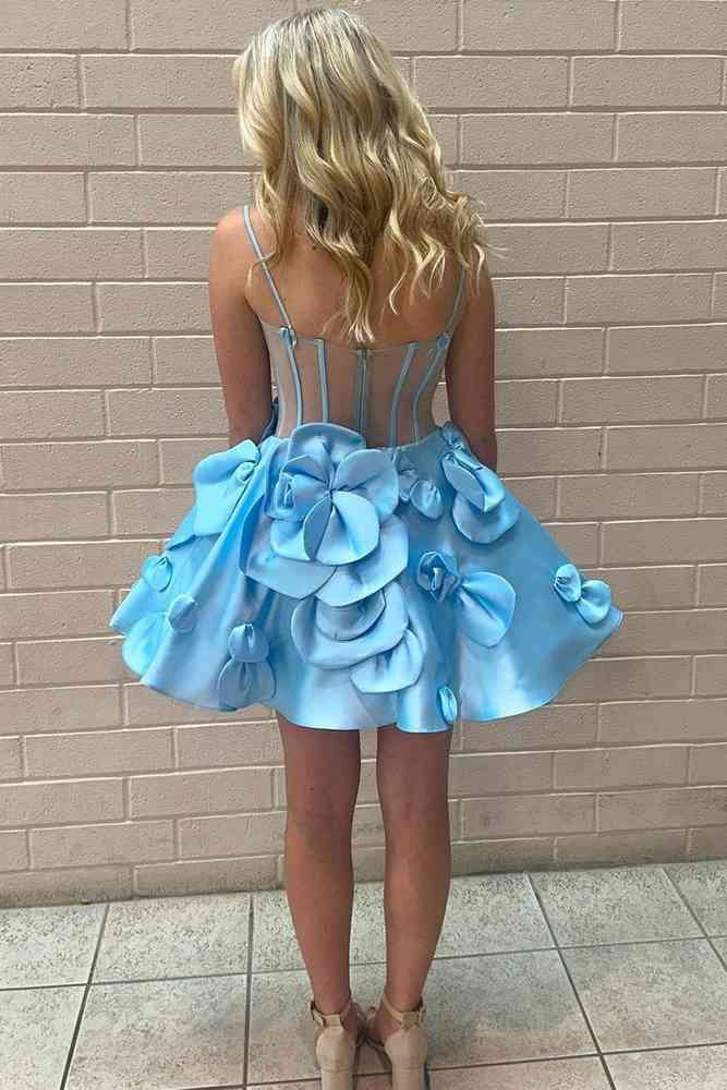 3D Flower Spaghetti Straps A Line  Short Party Dress