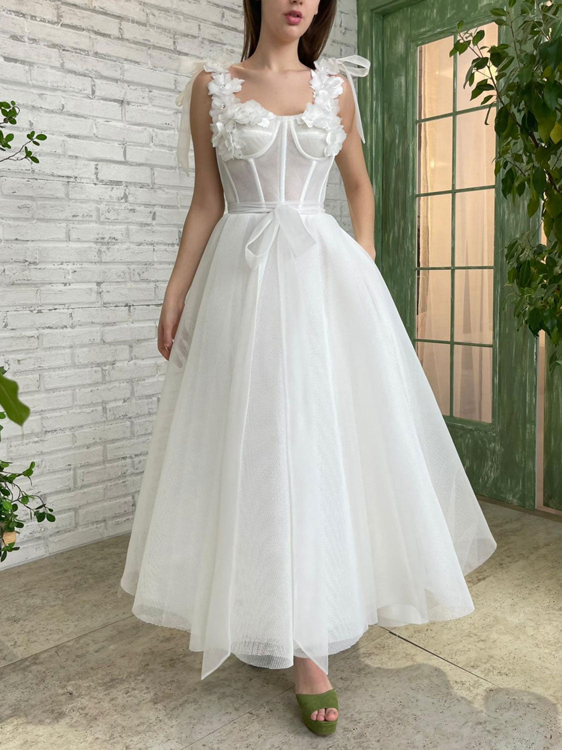 A line sweetheart neck white prom dress tea length formal party dress