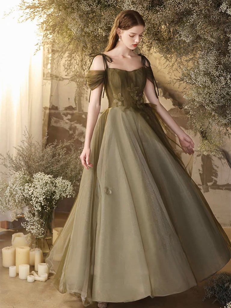 A- Line Off Shoulder Green Tulle Long Prom Dress, Green Formal Dress