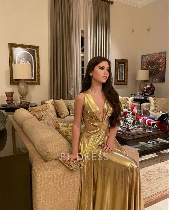 A Line Deep V Neck Fashion Gold Long formal dresses Bridesmaid Dresses evening gown Prom Dress