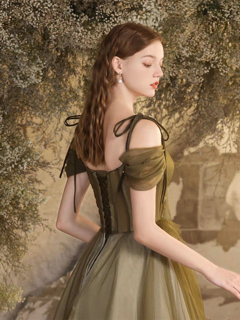 A- Line Off Shoulder Green Tulle Long Prom Dress, Green Formal Dress