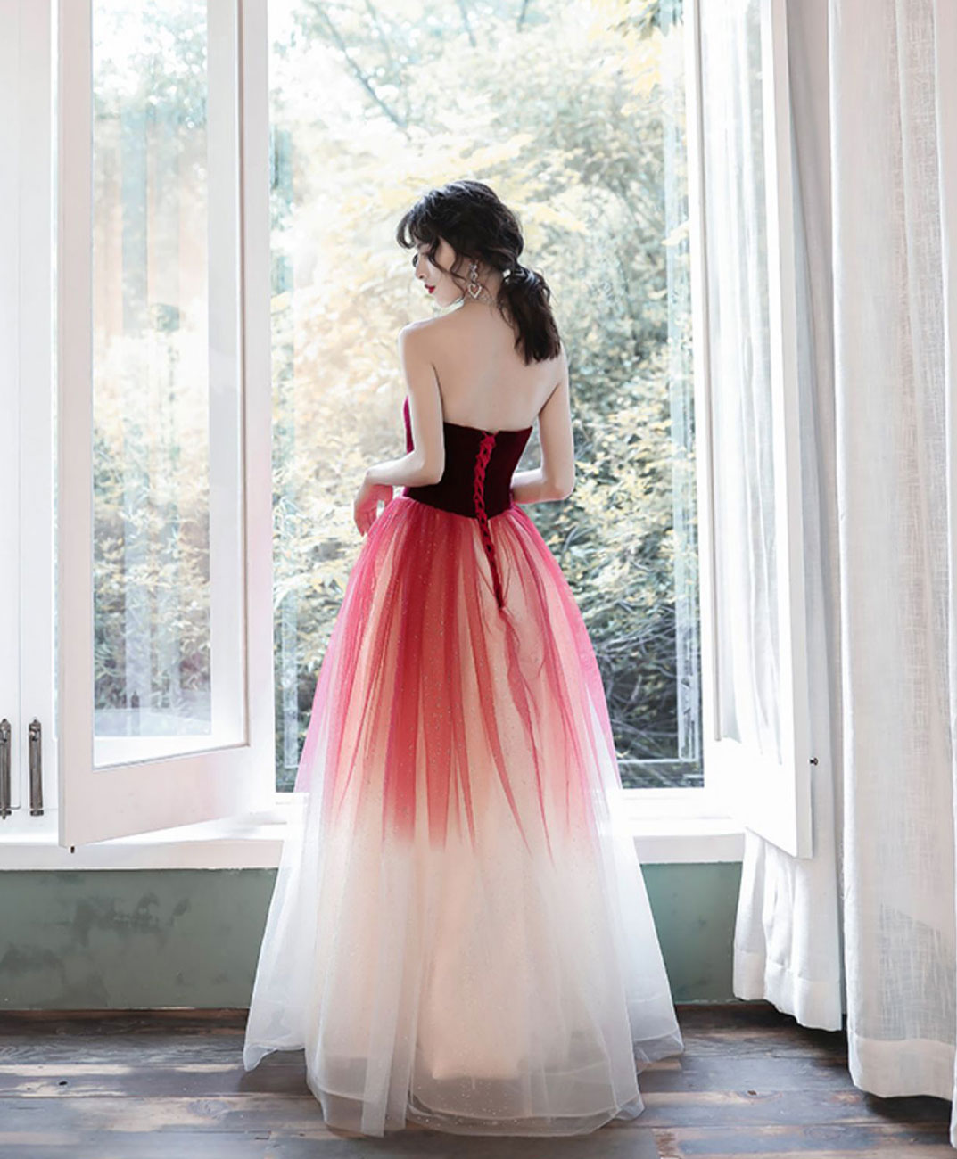 A-Line Burgundy Long Prom Dresses, Burgundy Formal Evening Dress with Velvet