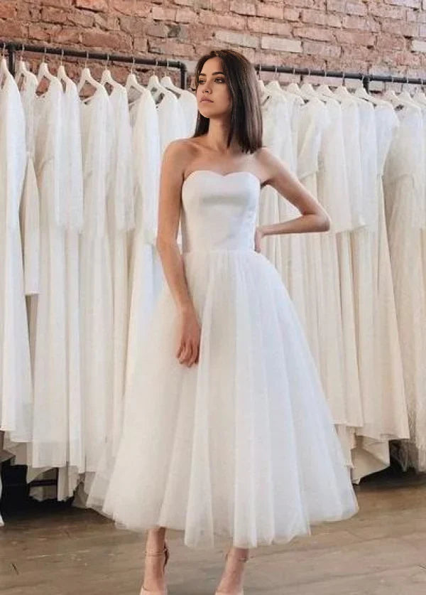 A-Line Backless Strapless Tea-Length Tulle Skirt Short Bridal Gown Wedding Dresses
