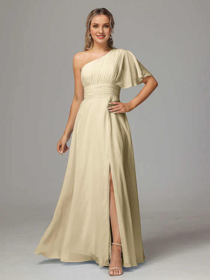 A shoulder slit chiffon bridesmaid dress