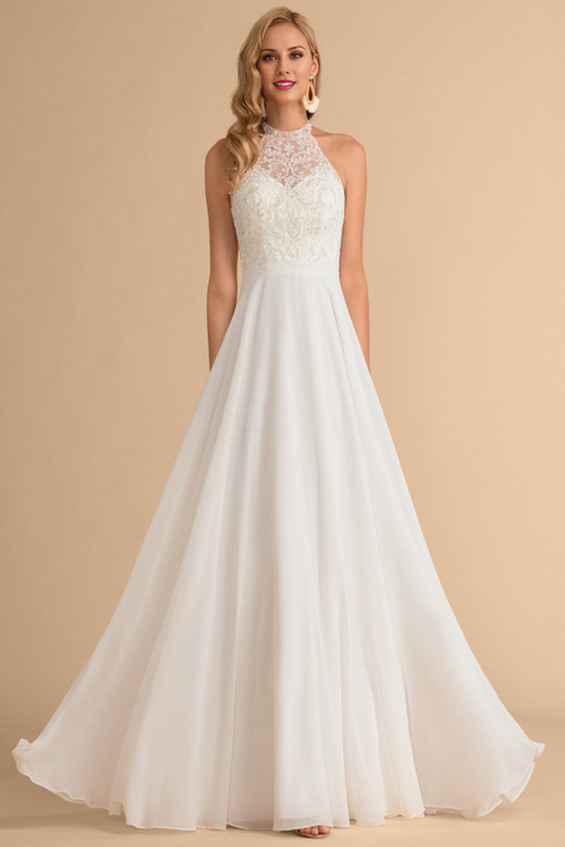 A-line high neck and sleeveless lace chiffon wedding dress