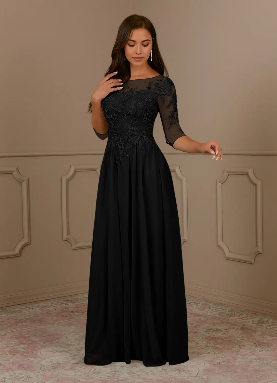 A-Line Crew Neck Scoop lace Appliques Black Mother of the Bride Dresses