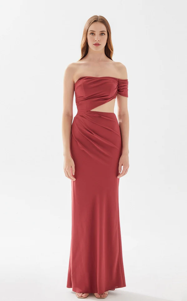 A-line heart-shaped collar shoulder baring tight fitting and floor length evening dress