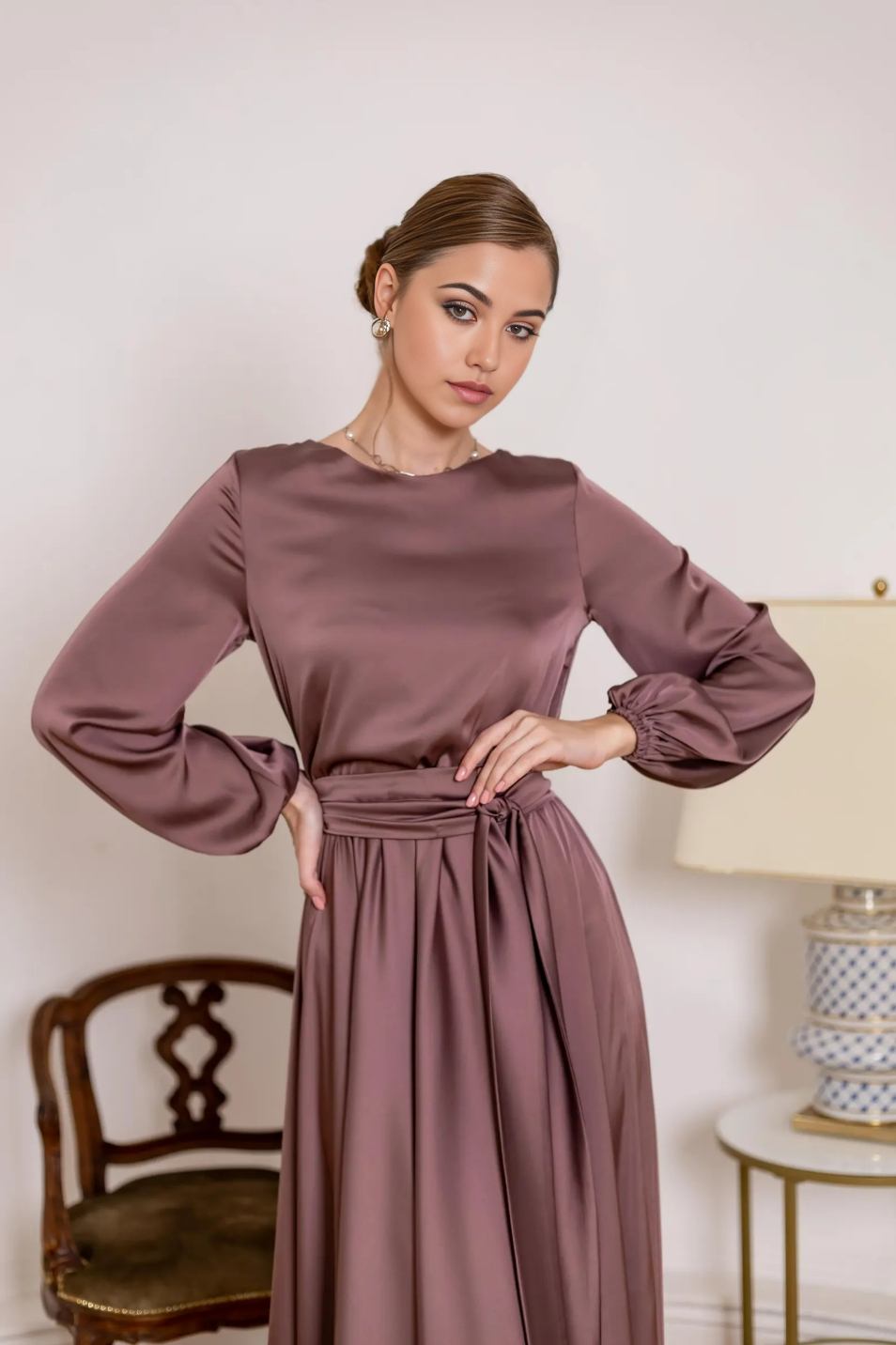 A-line Crew Neck Long Sleeve Tea Length Cocktail Dress Pink Bridesmaid Dress Formal Dresses for Wedding Guest Mother of the Bride Dresses