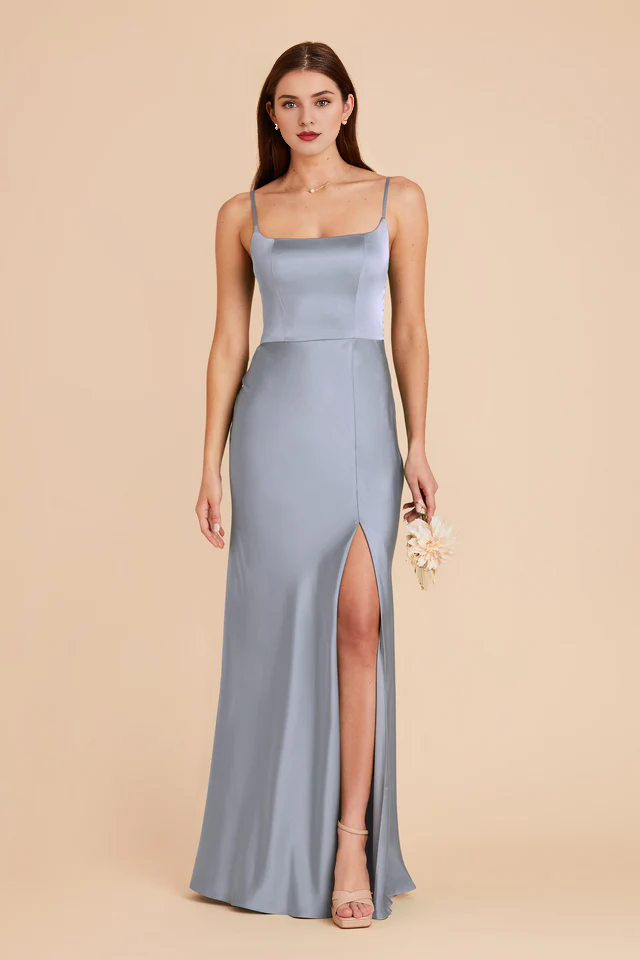 A-line front slit spoon neck satin bridesmaid dress