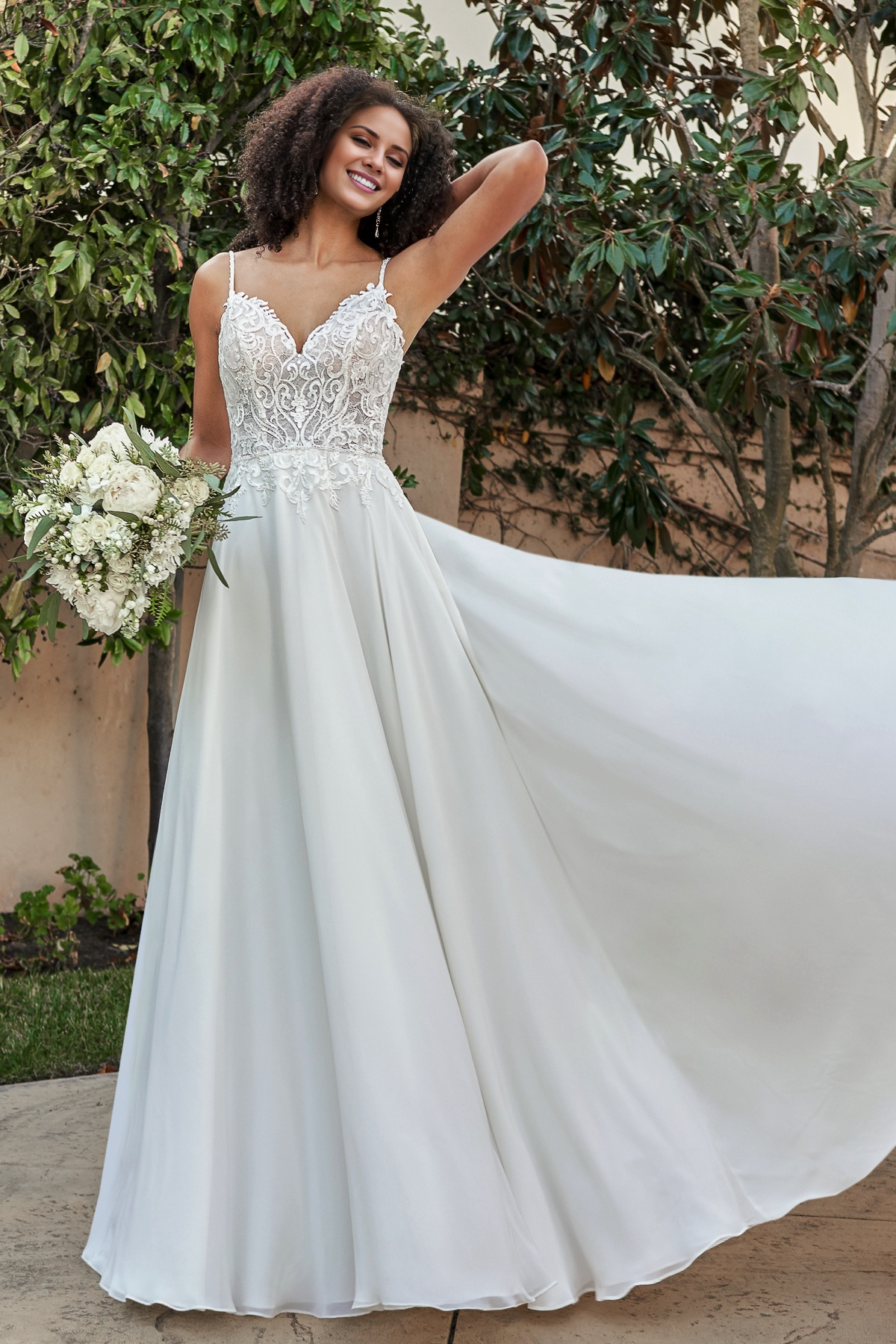 A-line heart-shaped neckline with beaded thin shoulder straps and floor length wedding dress