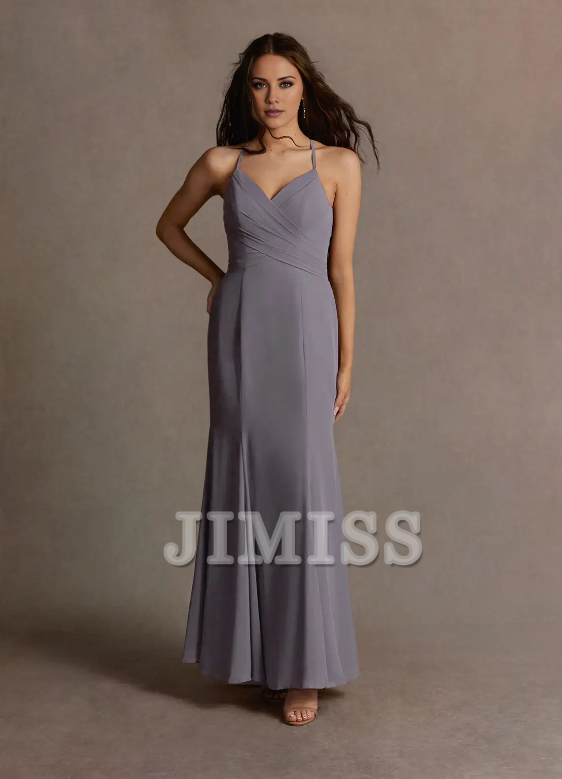 A-line hanging neck collar shoulder exposed chiffon long style evening dress