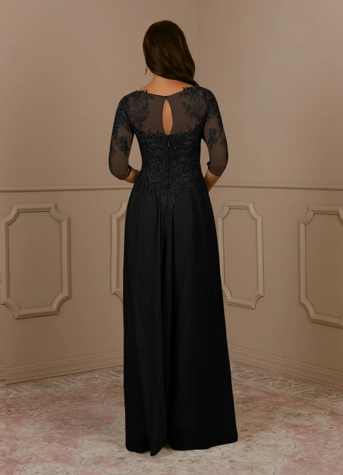 A-Line Crew Neck Scoop lace Appliques Black Mother of the Bride Dresses