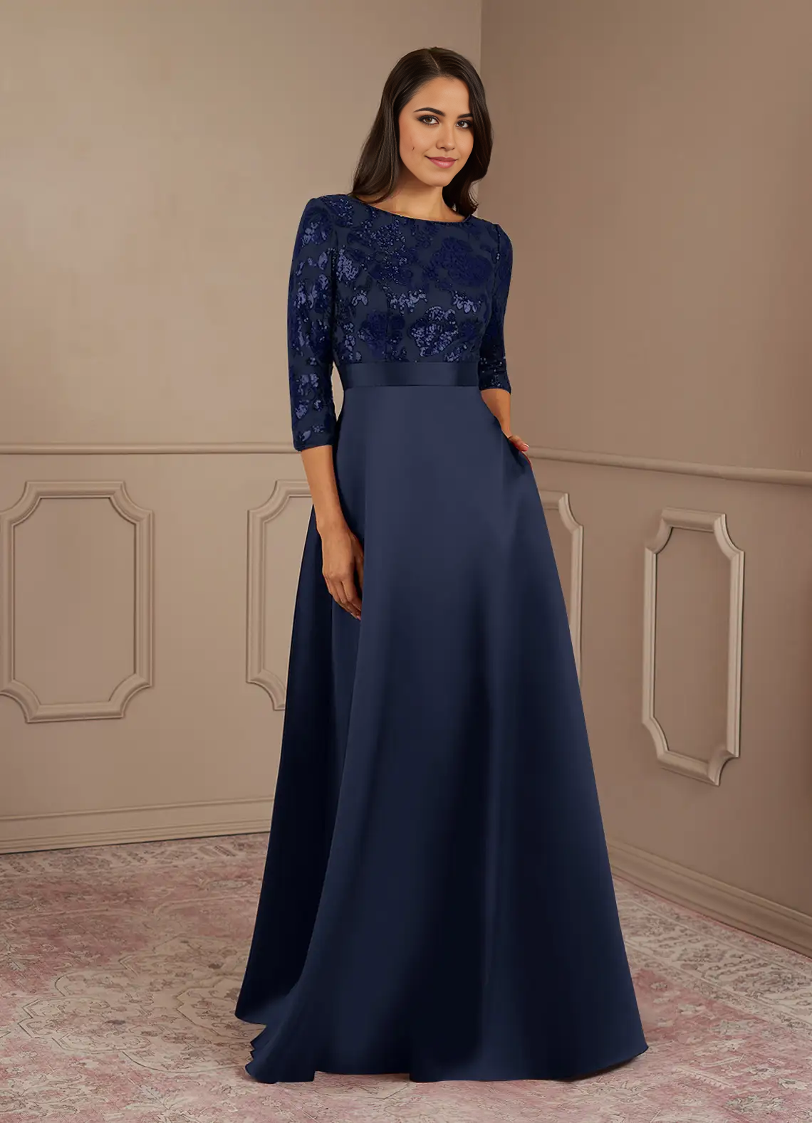 A-Line Crew Neck Sequins Dark Navy formal dresses evening dress Mother of the Bride Dresses