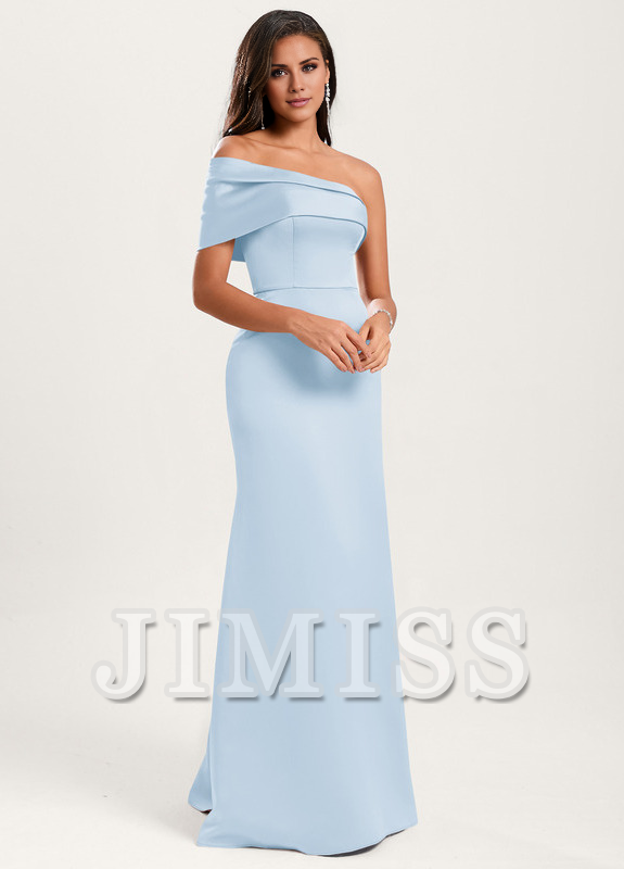 A-line asymmetric neckline floor-length satin bridesmaids dress