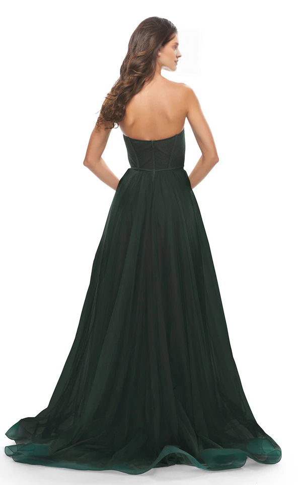 A-line heart-shaped collar sheer strapless tight corset with side slits and floor length Prom dress