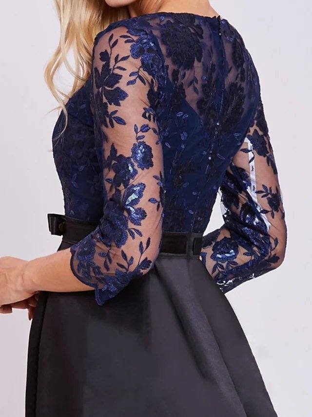 A-Line Mother of the Bride Dress Elegant Jewel Neck Floor Length Lace Satin 3/4 Length Sleeve with Sash / Ribbon Pleats Appliques - RongMoon