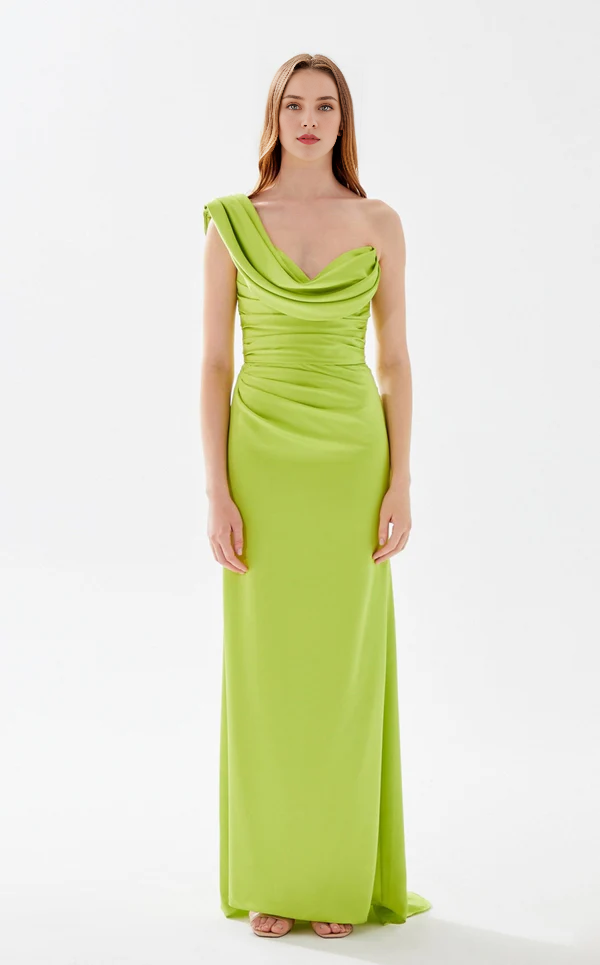 A-line asymmetrical collar tight corset and floor length evening dress