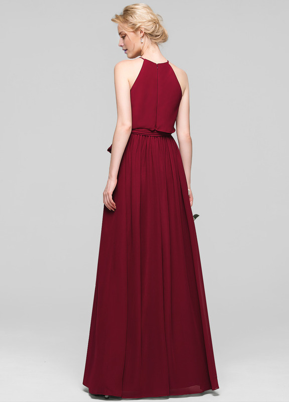 A-line low round neck bow floor mopping chiffon bridesmaid dress