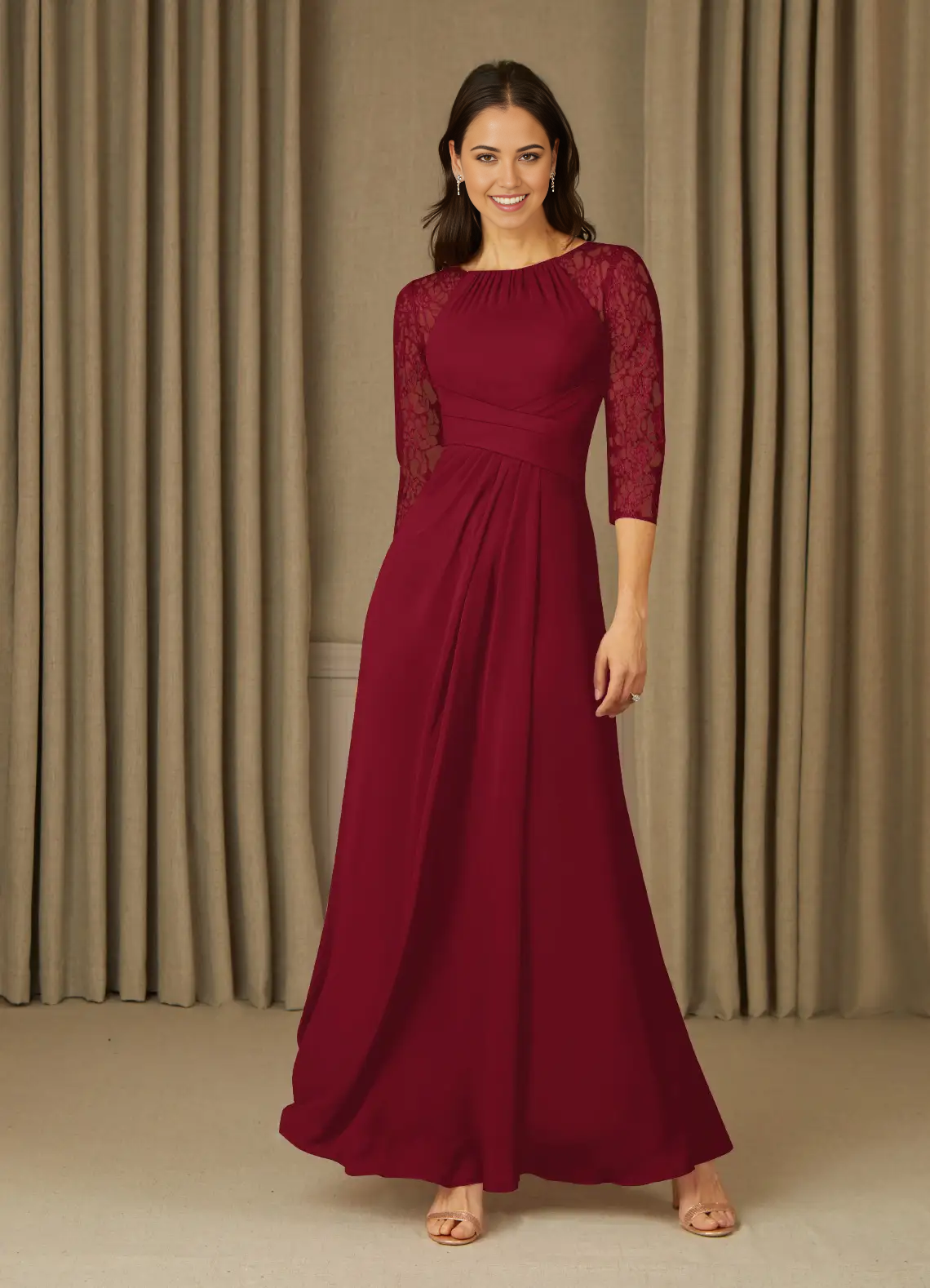 A-Line 3/4 Length Sleeve Lace Chiffon Burgundy formal dresses evening dress Mother of the Bride Dresses