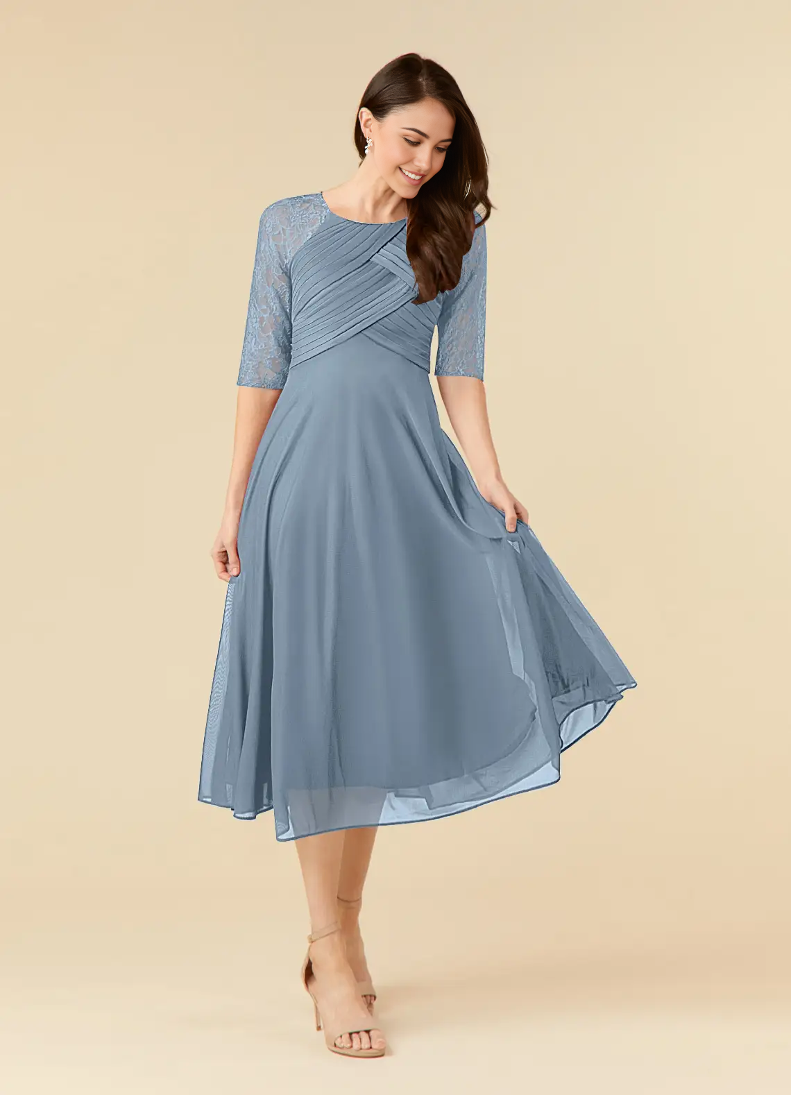 A-Line Lace Tea Length Dusty Blue formal dresses evening dress Mother of the Bride Dresses