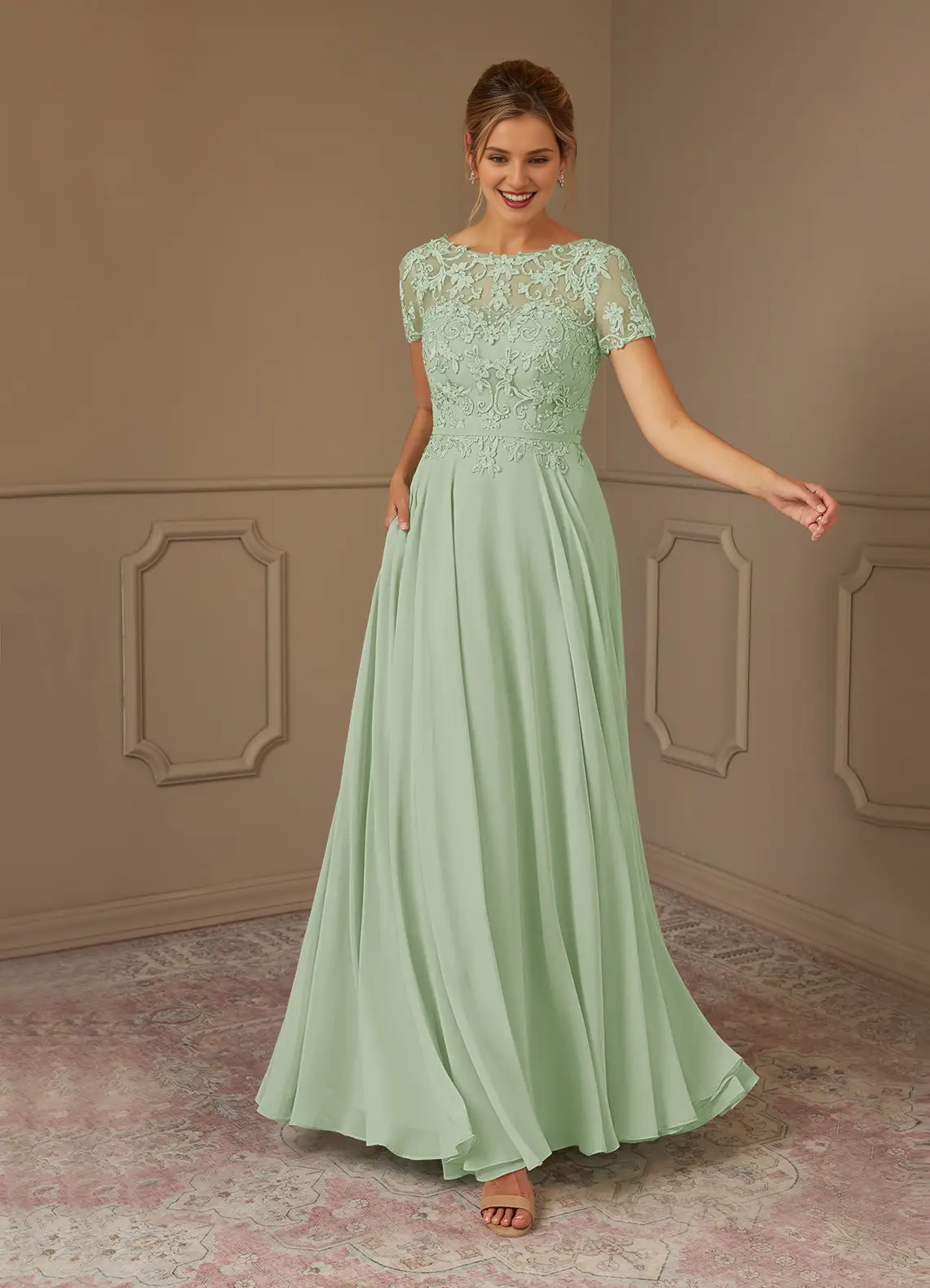 A-line boat collar sequins chiffon and floor length mother of the bride dress
