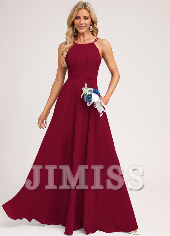 A-Line Halter Neck Floor Length Chiffon Bridesmaids Dress
