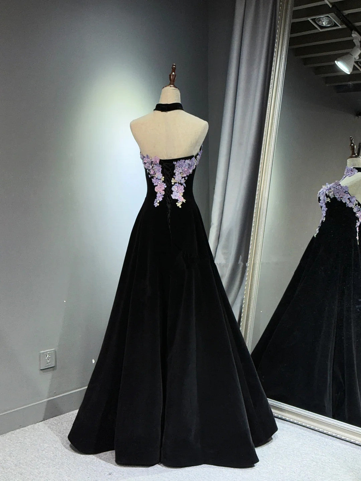 A-line Black Velvet Long Party Dress with Lace Applique, Black Velvet Prom Dress