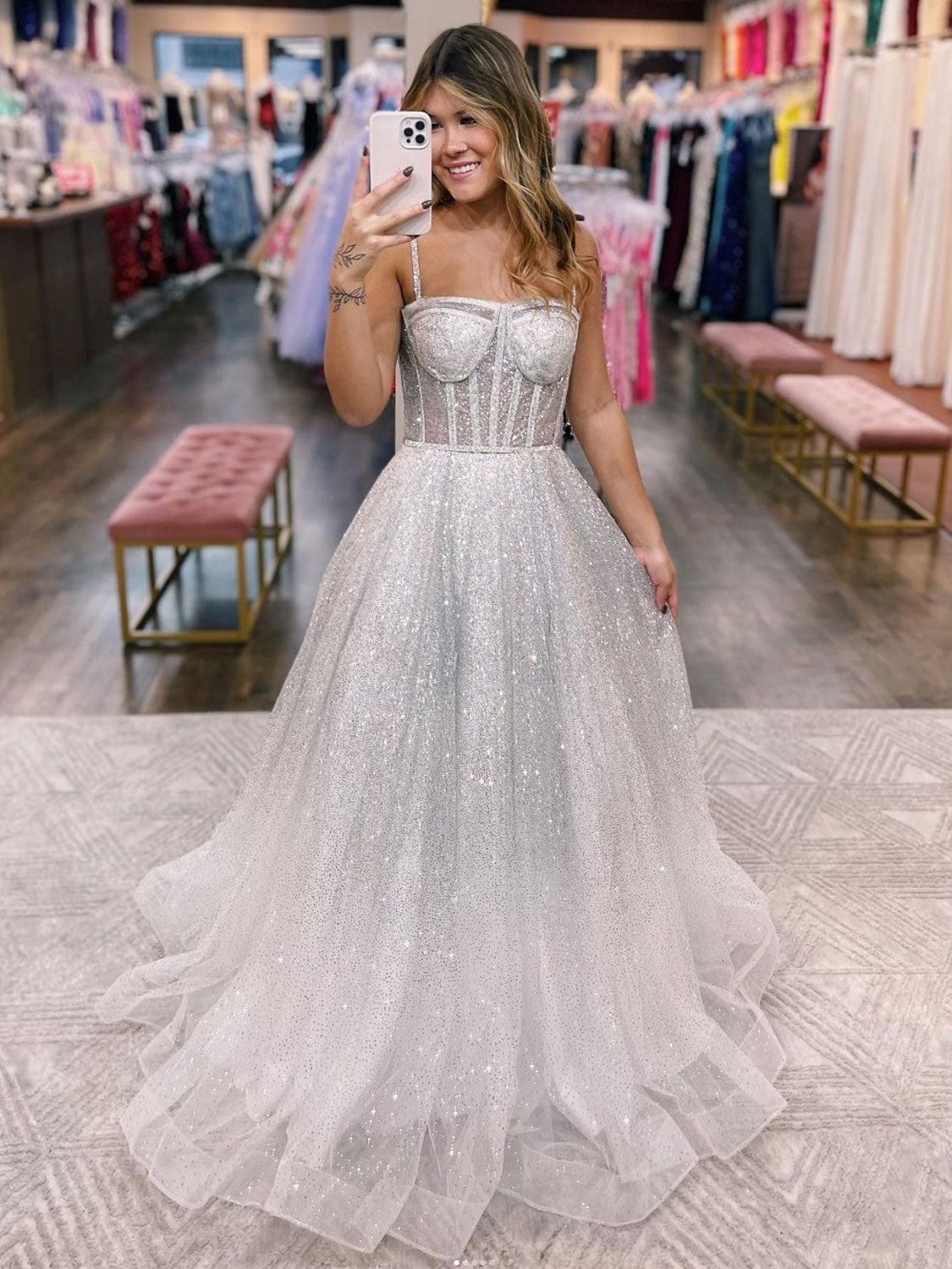 A-Line Gray White Sequin Long Prom Dress, Tulle Sequin Evening Dress