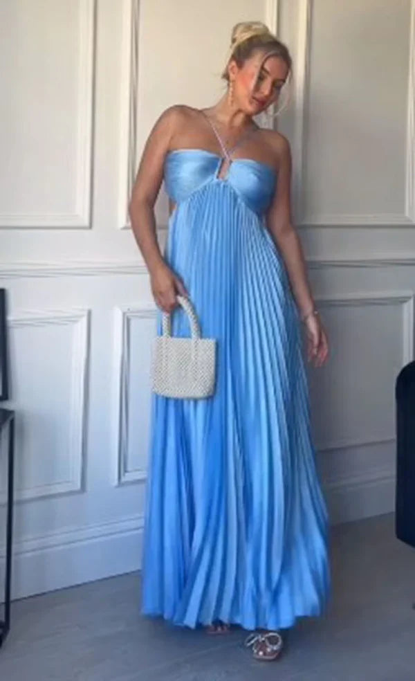 A line Halter Blue Sleeveless Hollow pleated long dress patty dresses