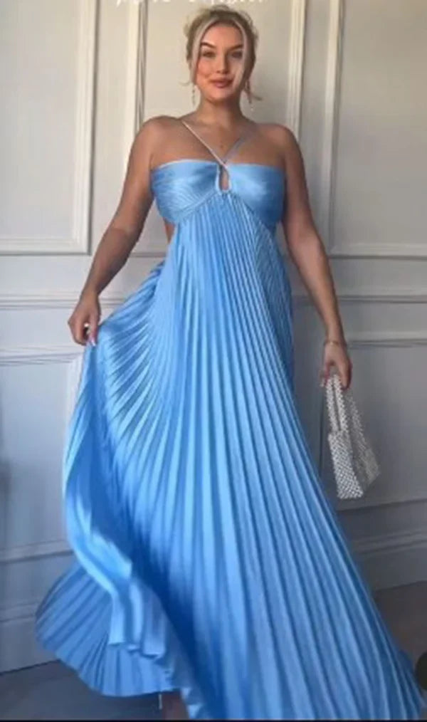 A line Halter Blue Sleeveless Hollow pleated long dress patty dresses
