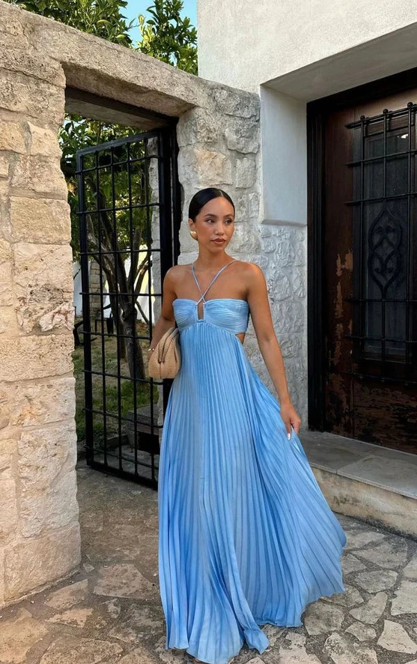 A line Halter Blue Sleeveless Hollow pleated long dress patty dresses