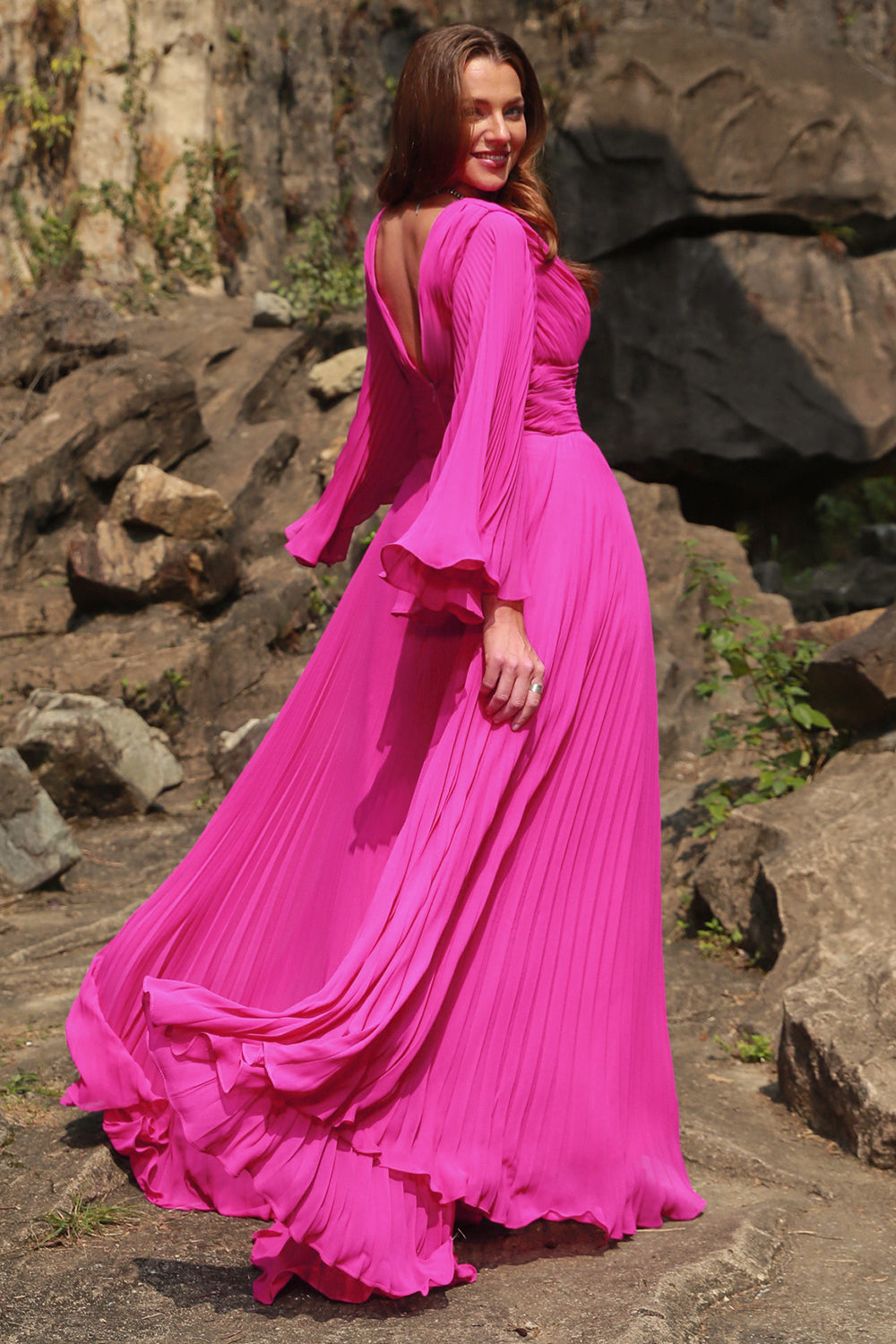 A Line Deep V Neck Fuchsia Plus Size Prom Dress with Long Sleeves Sexy
