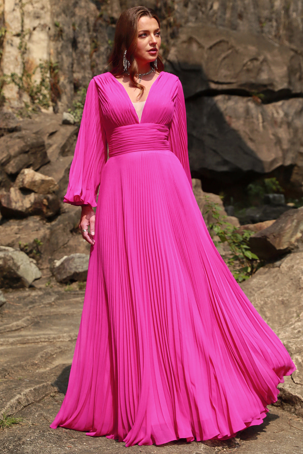 A Line Deep V Neck Fuchsia Plus Size Prom Dress with Long Sleeves Sexy