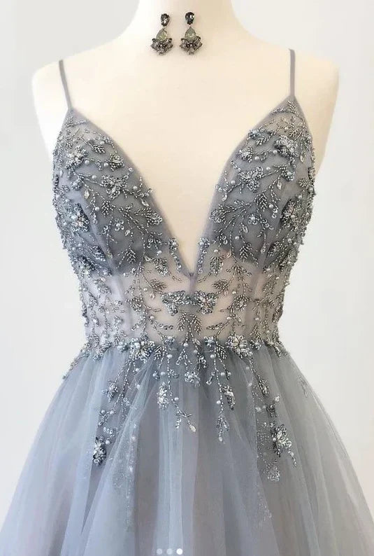 A Line V Neck Grey Beaded Long Prom Dress with Split Formal Dresses