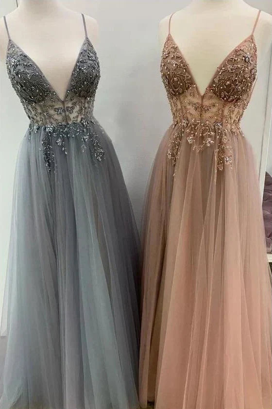 A Line V Neck Grey Beaded Long Prom Dress with Split Formal Dresses