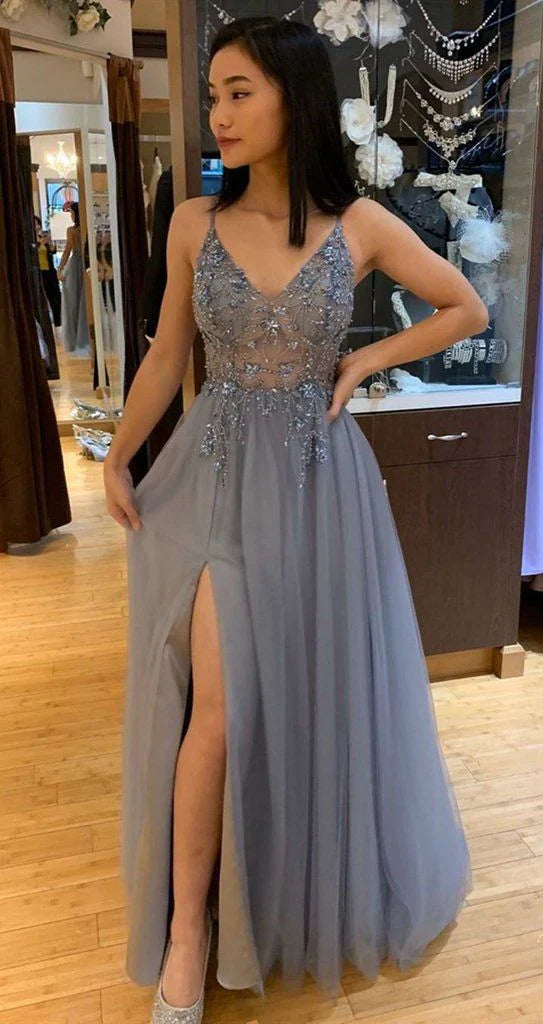 A Line V Neck Grey Beaded Long Prom Dress with Split Formal Dresses
