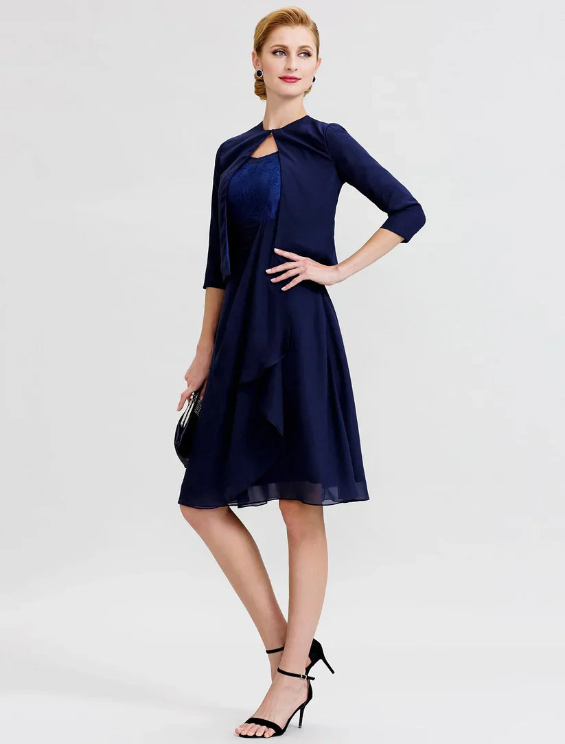 A-Line / Two Piece Jewel Neck Knee Length Chiffon / Corded Lace Mother of the Bride Dress with Sash