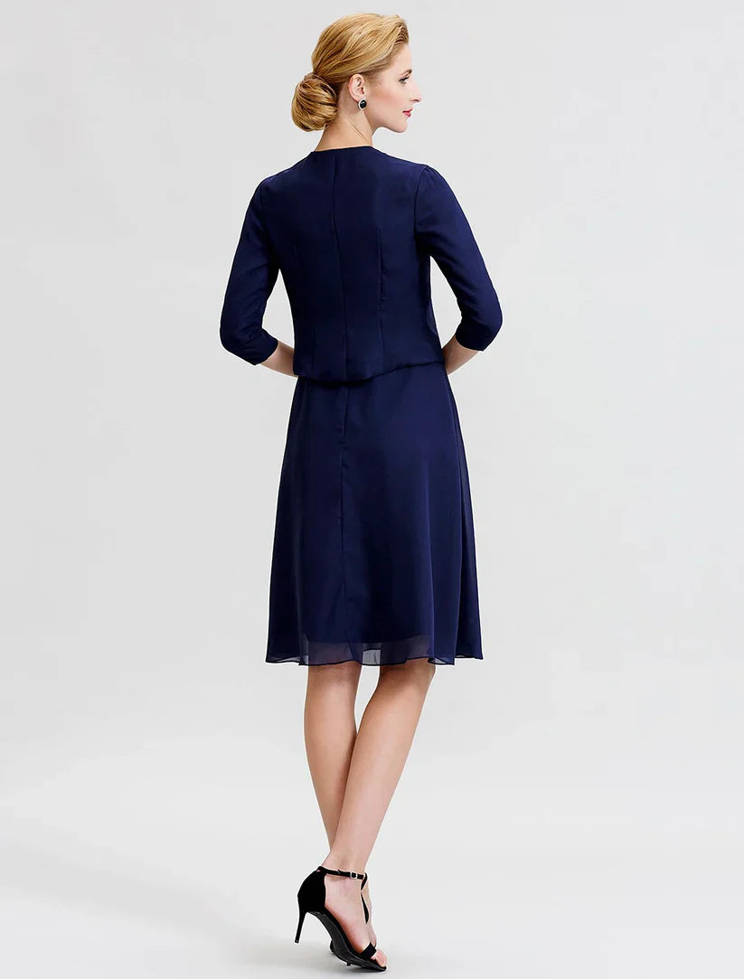 A-Line / Two Piece Jewel Neck Knee Length Chiffon / Corded Lace Mother of the Bride Dress with Sash