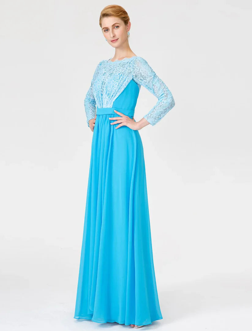 A-Line Ball Gown Scoop Neck Floor Length Chiffon Lace Mother of the Bride Dress with Sash