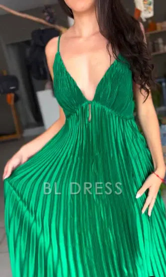 A Line V Neck Green Spaghetti Straps Pleated formal dresses Bridesmaid Dresses evening gown Prom Dress