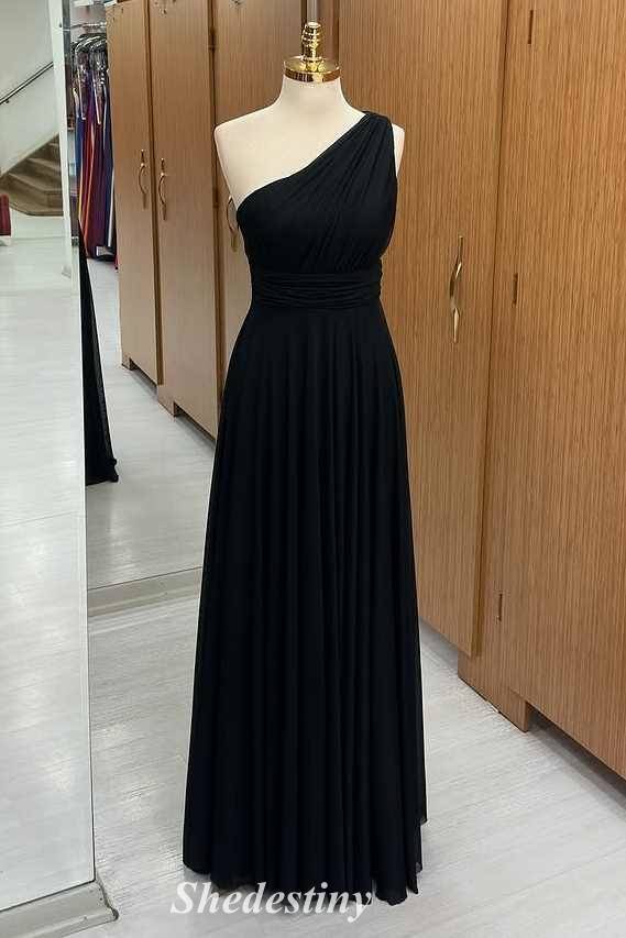 A-Line Black One Shoulder Corset Pleated Maxi Dress